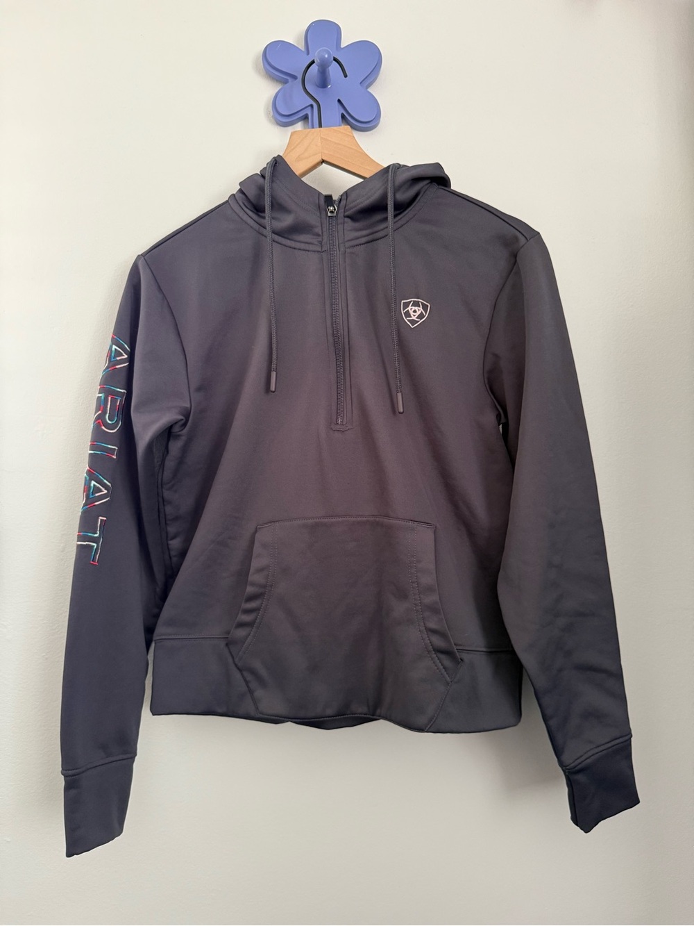 Ariat Tek Women’s Small 1/4 Zip Hoodie Drawstring Grey Outdoor Active Logo - Picture 1 of 6